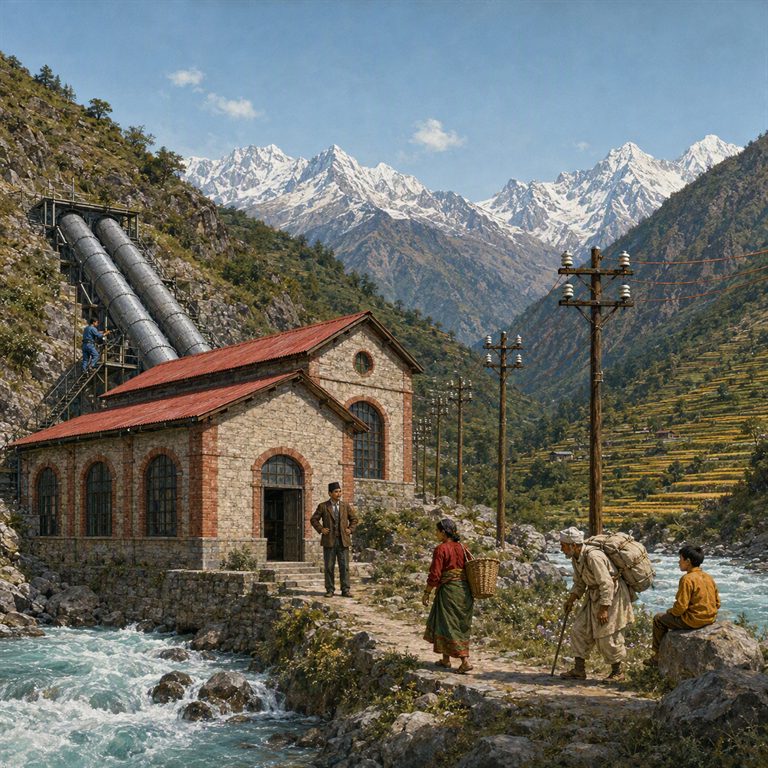 Large metal pipes descend a rocky Himalayan slope to a stone power building beside a rushing river, with poles, terraces and walkers nearby.