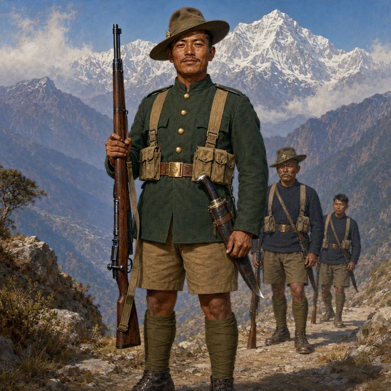Gurkha infantrymen in green uniforms and shorts stand on a rocky mountain trail; the front soldier carries a rifle and wears a curved blade at his belt.