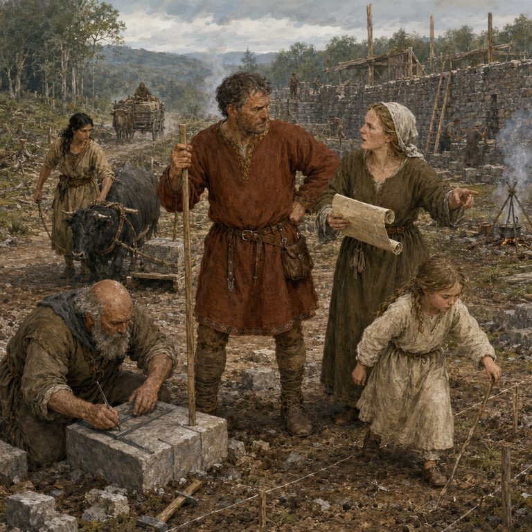 A woman holding a parchment speaks with a laborer at a stone-building site, where workers, scaffolding, and an ox cart appear.