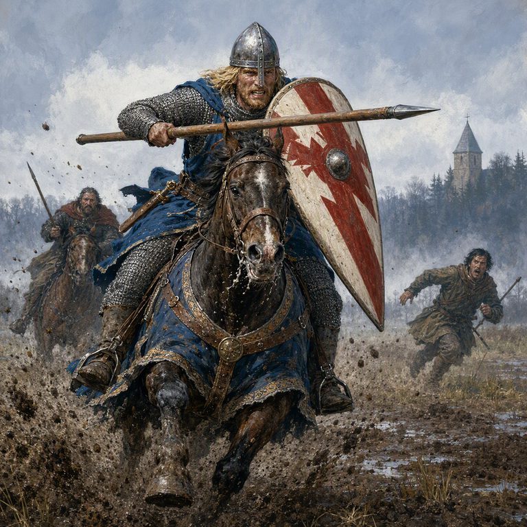 An armored rider charges through mud with a lance held forward and a red-and-white shield raised, while riders pursue behind.