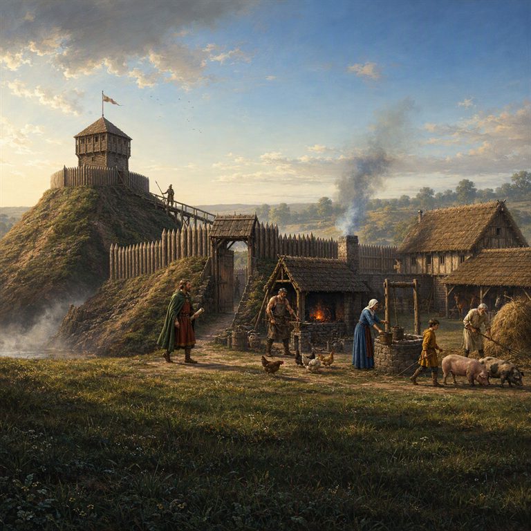 A timber watchtower crowns a grassy mound behind a palisade, while villagers tend pigs, poultry, a well, and thatched homes.