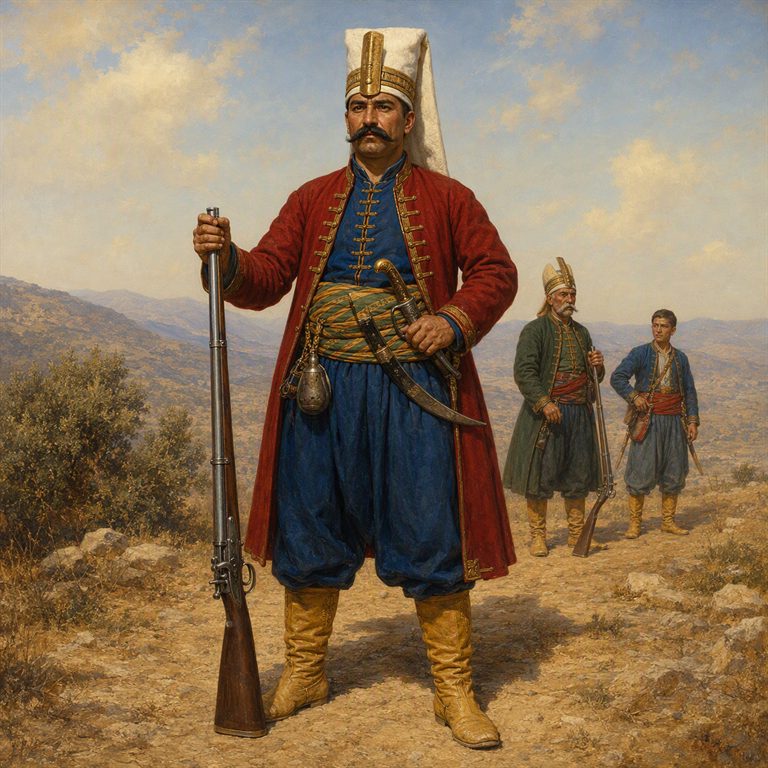 A Janissary in a tall white hat and red coat holds a musket on a dusty hillside, while two armed companions stand farther along the path.