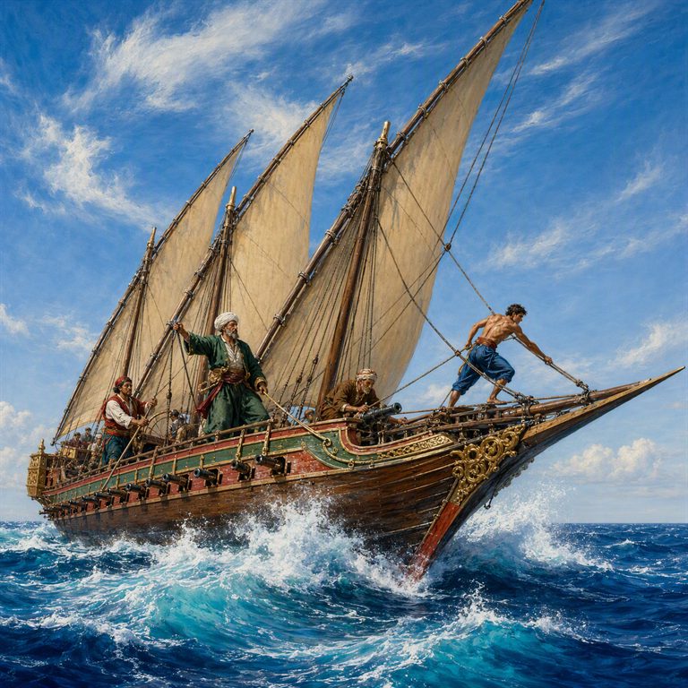 A Barbary Corsair’s carved wooden vessel surges through bright waves beneath three tan lateen sails, with crewmen at the rigging and along its armed deck.