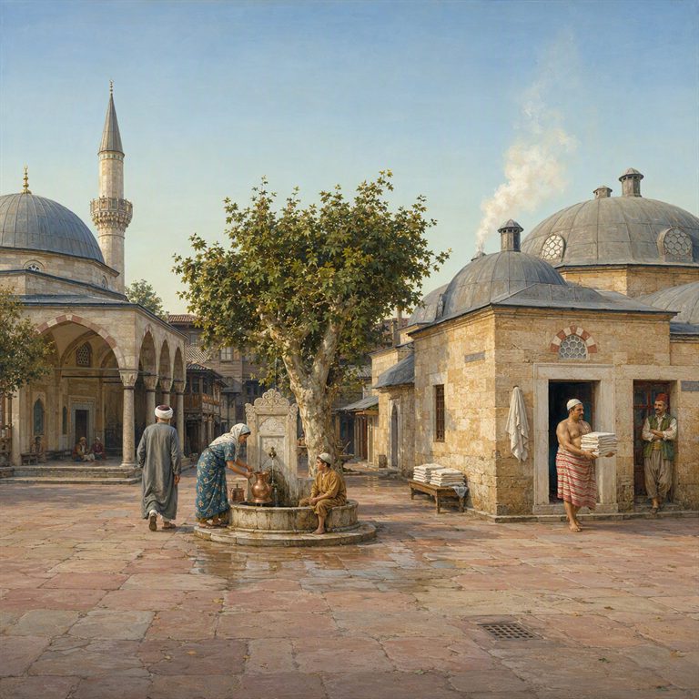 An Ottoman külliye courtyard holds a stone fountain, domed mosque buildings and a minaret; residents draw water and carry folded linens.