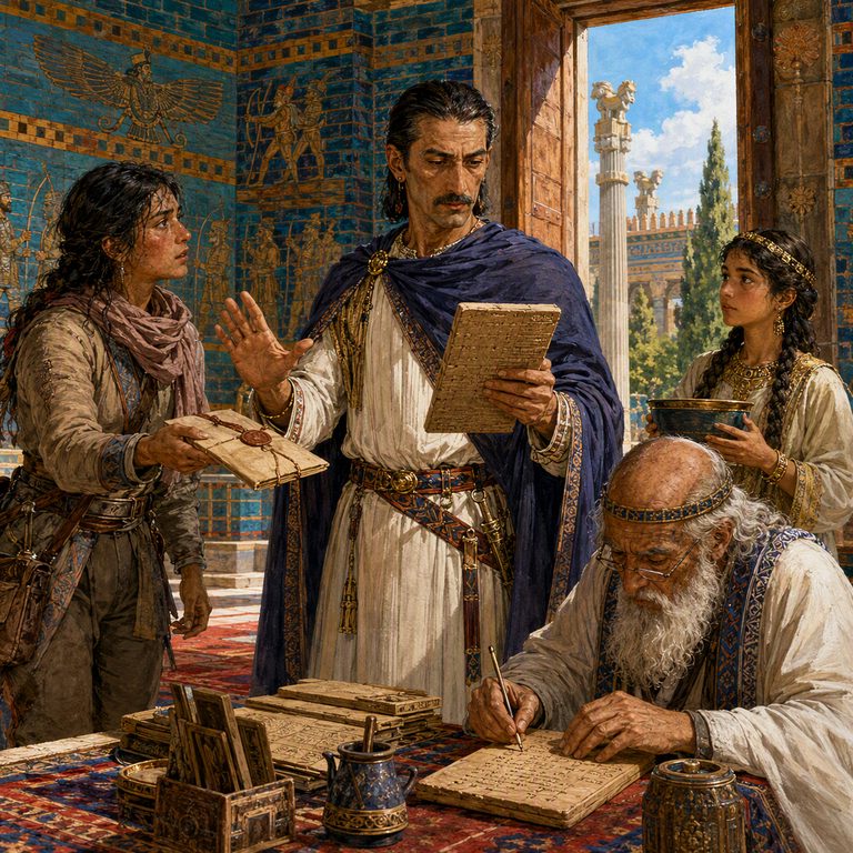 A Hazarapatis courier hands a dispatch to an officer inside a painted palace chamber, with a scribe and carved doorway behind them.