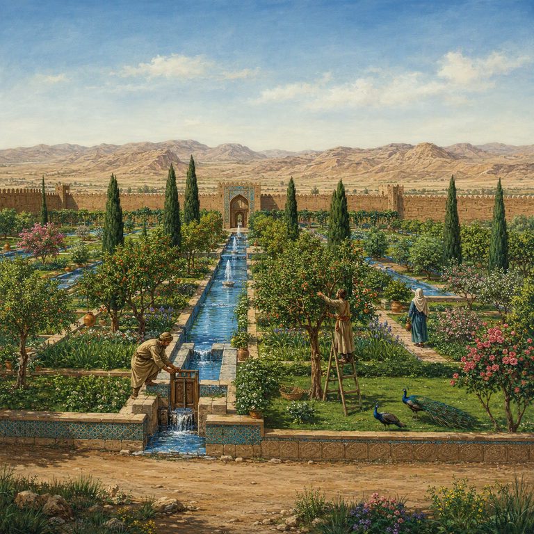 A gardener floods a channel in the walled paradise garden, dry hills visible beyond the wall.