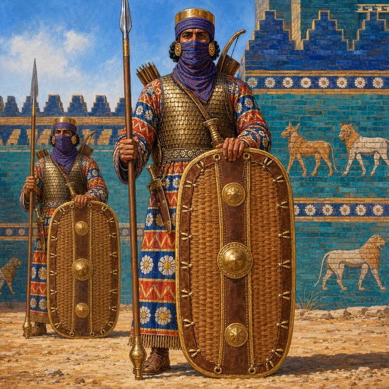 An Immortal guard in patterned armor stands before the gate, spear upright as the column forms in the sunlit dust.