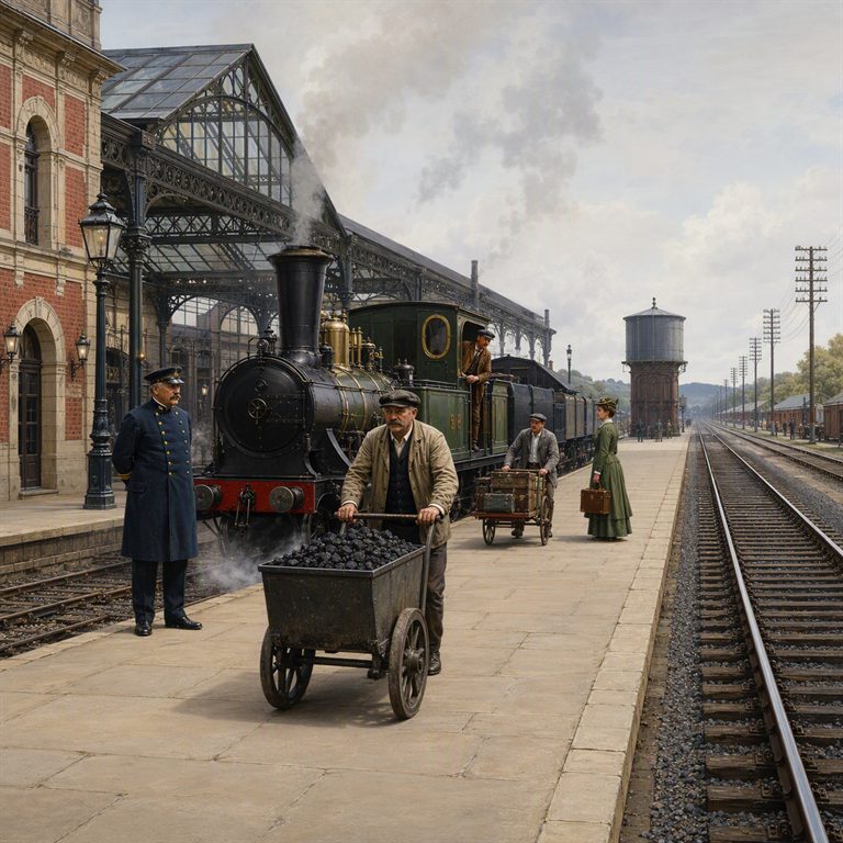 A steam locomotive waits beside a covered rail platform as a worker pushes a coal cart; tracks, telegraph poles and a water tower stretch away.