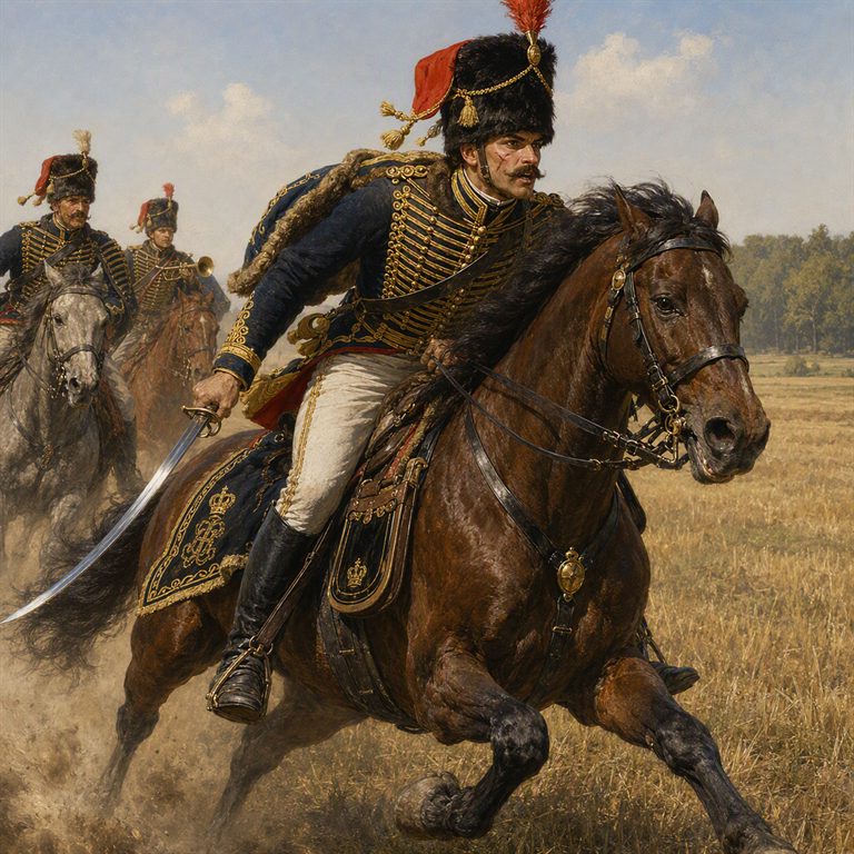 A Prussian Hussar in a dark, gold-braided uniform races across a dry field with saber drawn, followed by two mounted trumpeters.