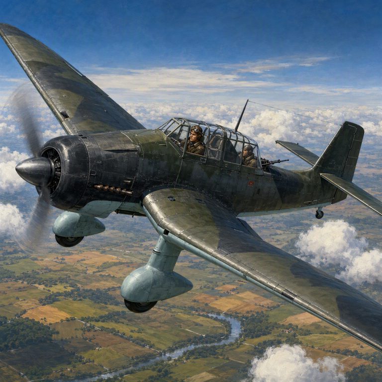 A dark green Stuka flies over patchwork fields and a winding river, its glazed cockpit, spinning propeller and fixed landing gear visible.