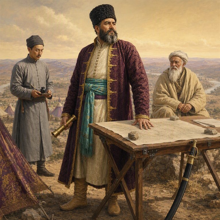 A Qajar Sardār stands at a map table with a telescope at his side; an attendant writes while an elder waits before a camp and broad valley.