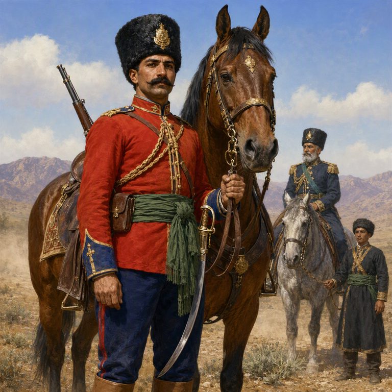 A Gholām in a red coat and tall white headdress stands with a long rifle and curved sword on a dry hillside, two armed companions behind.