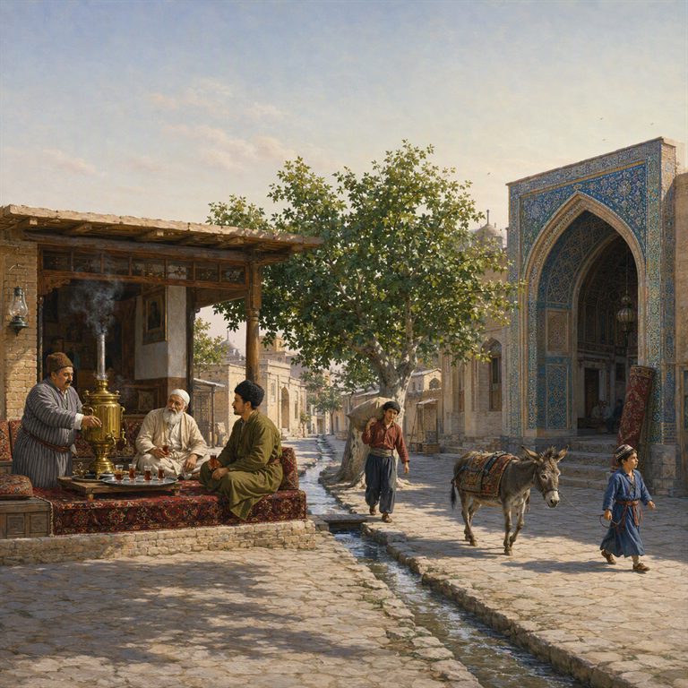 Men drink tea beside a smoking samovar as a donkey crosses a narrow water channel before a monumental blue-tiled arched entrance.
