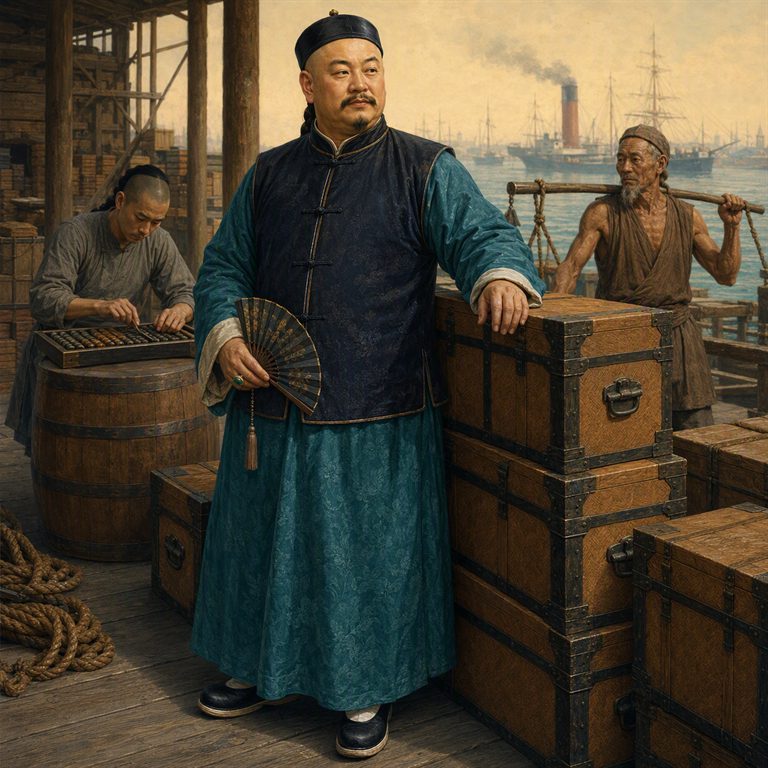 A Qing merchant in a dark vest stands beside stacked travel chests on a dock; a clerk works an abacus as a porter and steamships fill the background.