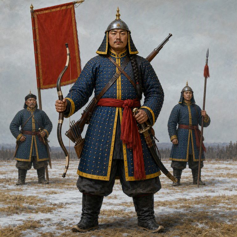A Gusa in a blue, gold-trimmed coat stands on a snowy plain holding a bow, with a rifle on his back and two armed soldiers beside a red banner.