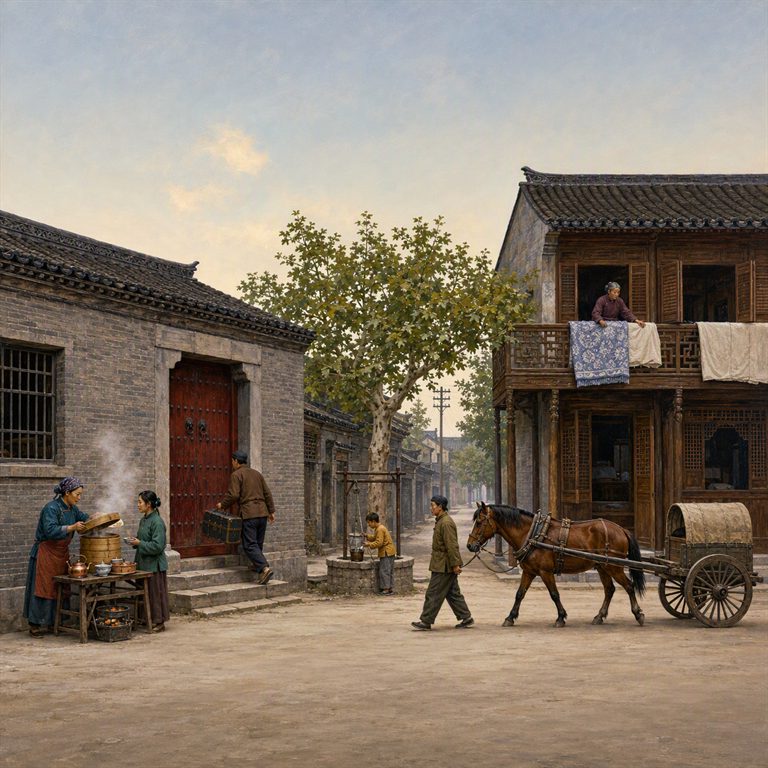 A narrow alley centers on a stone well, with a horse cart, stacked goods, and a timber storefront beneath laundry-draped upper floors.