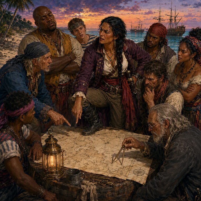 Pirates gather around a chart and lantern on the beach, with a woman pointing at the map and sailing ships behind them.