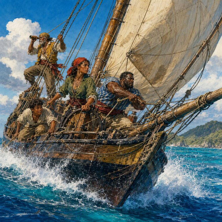A small sailboat surges through choppy blue water as its crew steer, watch through a spyglass, and work the rigging.