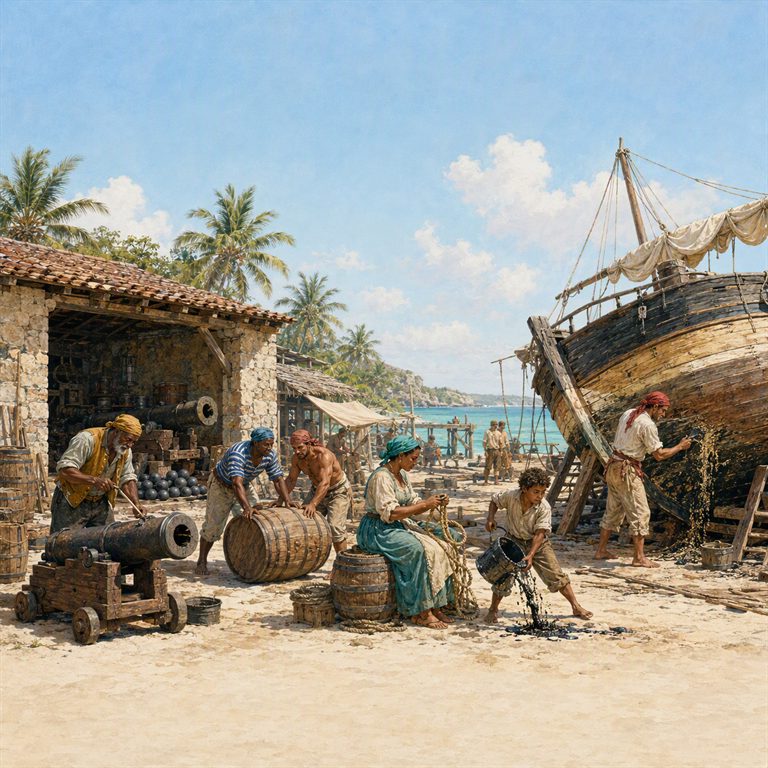 Careened ships line the pirate harbor as workers repair hulls and sort cargo beside the inlet road and palm-fringed shore.