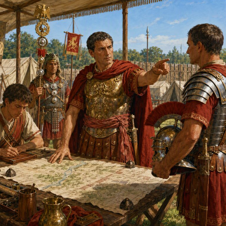 A Legatus gestures over a campaign table while aides wait with tablets, the marching road visible through the arch.