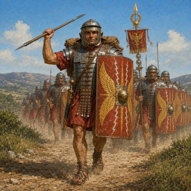 A Legionary advances with shield locked and pilum ready, red standards and stone streets tightening the formation.