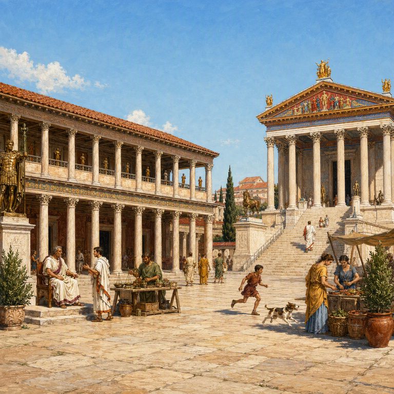 A magistrate hears a petitioner under the basilica portico while the square goes about its morning.