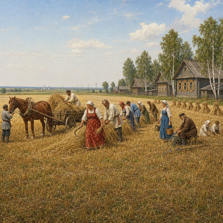 Russian communal fields stretch between wooden villages, horse teams and farmers working beneath the broad summer sky.