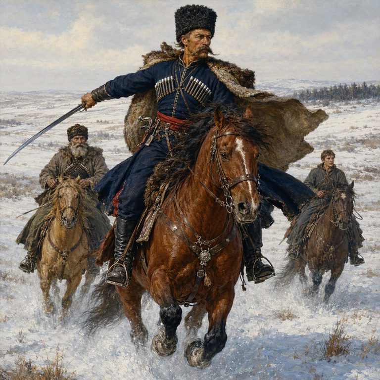A Cossack in a fur hat charges through snow with saber extended, while two mounted companions follow across the open winter plain.
