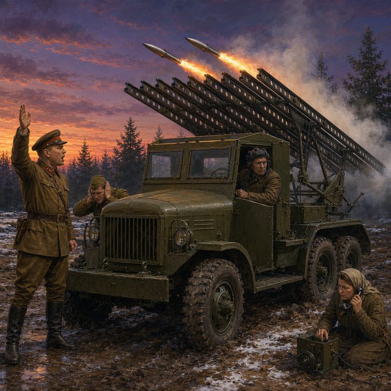 A Katyusha launcher fires from a muddy roadside, its rockets rising through smoke as the crew works beside the truck.