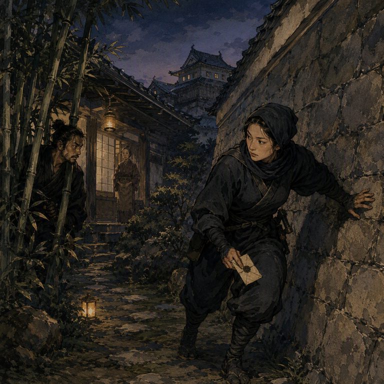 A Shinobi crouches beside the garden wall with a sealed message, bamboo and paper doors disappearing into the evening shade.