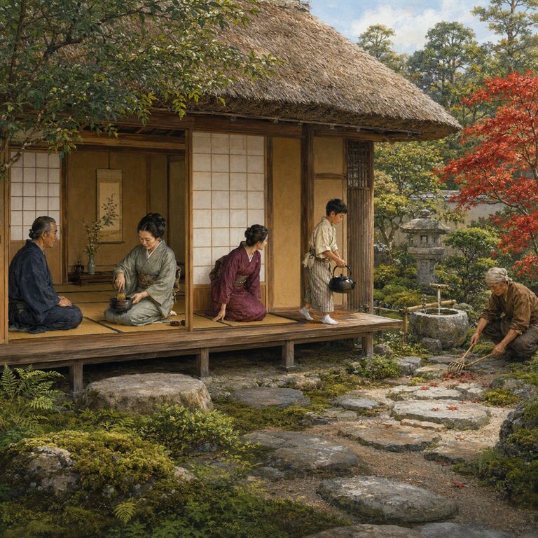 Tea is prepared on the veranda of a thatched house while a gardener rakes the mossy path beside a stone lantern.