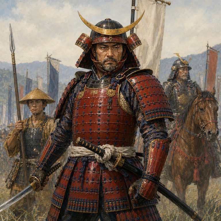 An armored samurai holds a drawn sword before spear carriers, banners, and a mounted soldier in a bright field.