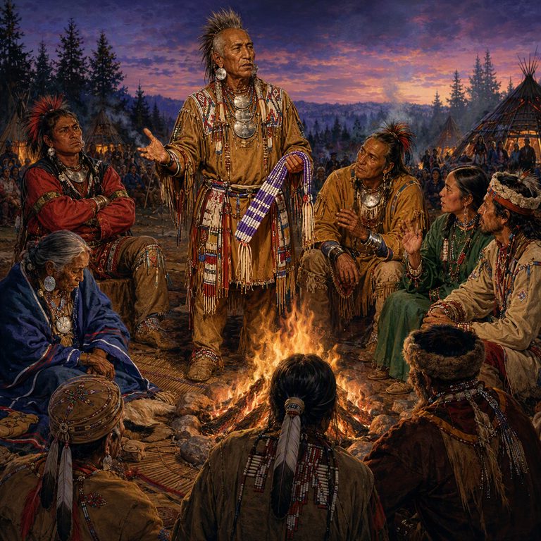 An elder holds a patterned cloth while speaking to people seated around a fire, with tipis and a crowd behind at dusk.