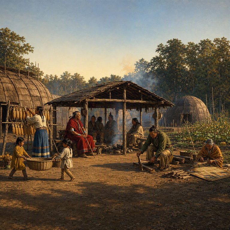 Families sit and work beneath an open wooden shelter between rounded bark-covered houses, with baskets, drying food, and a small garden.