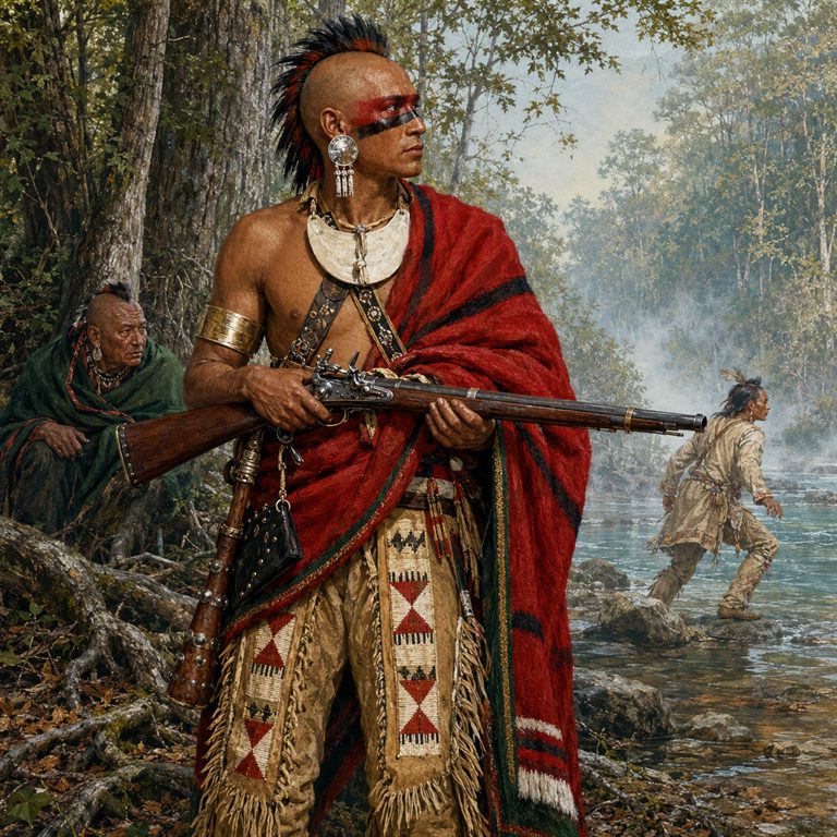 A painted warrior in a red wrap holds a long musket at a wooded riverbank while two companions stand behind him.