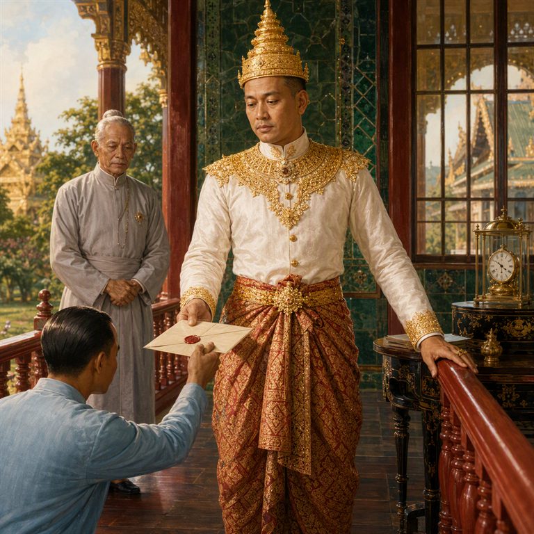 A Siamese Uparat presents a document in a shaded palace hall, attendants and carved columns framing the ceremony.