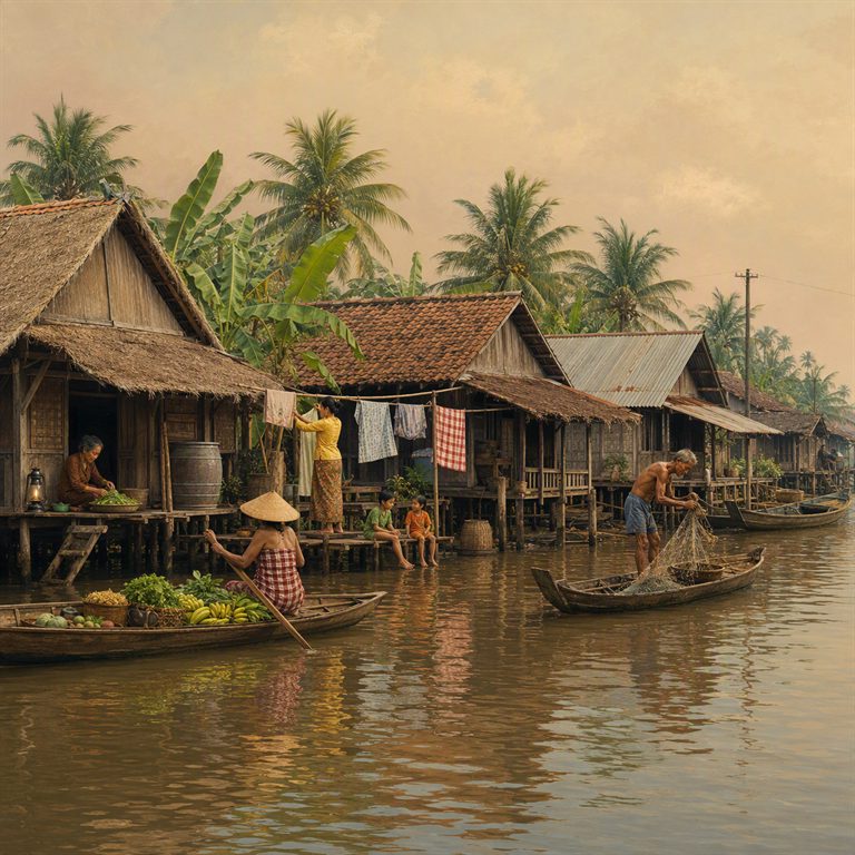 A Siamese canal village stretches along the water, wooden houses, boats and palms reflected in the busy settlement channel.
