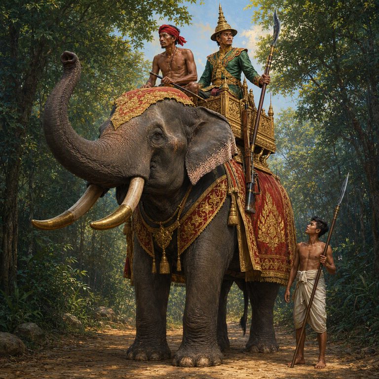 A Siamese war elephant advances through the forest with its howdah crew steady above the richly patterned harness.