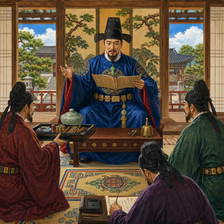 A Sangdaedeung minister receives a petition in the palace court, attendants and tiled roofs ordered behind him.