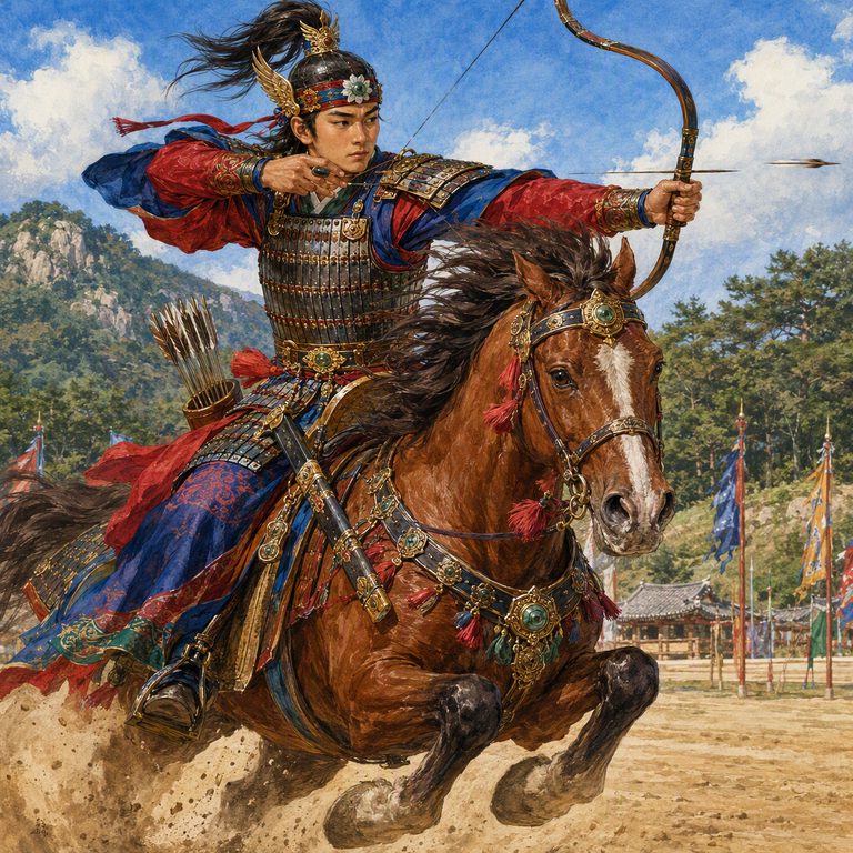 A Hwarang warrior stands in bright armor by the temple path, bow and blade ready as pines frame the hills behind.