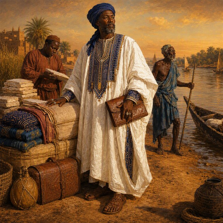 A white-robed merchant stands beside bales, folded textiles, and luggage at a river landing, with a boatman and sailboats behind.