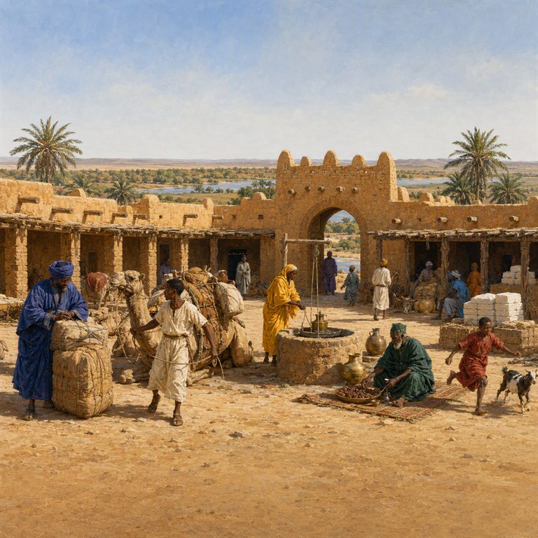 Camels laden with bundles stand in a mud-brick market courtyard, where people gather near a well and an arched gate.