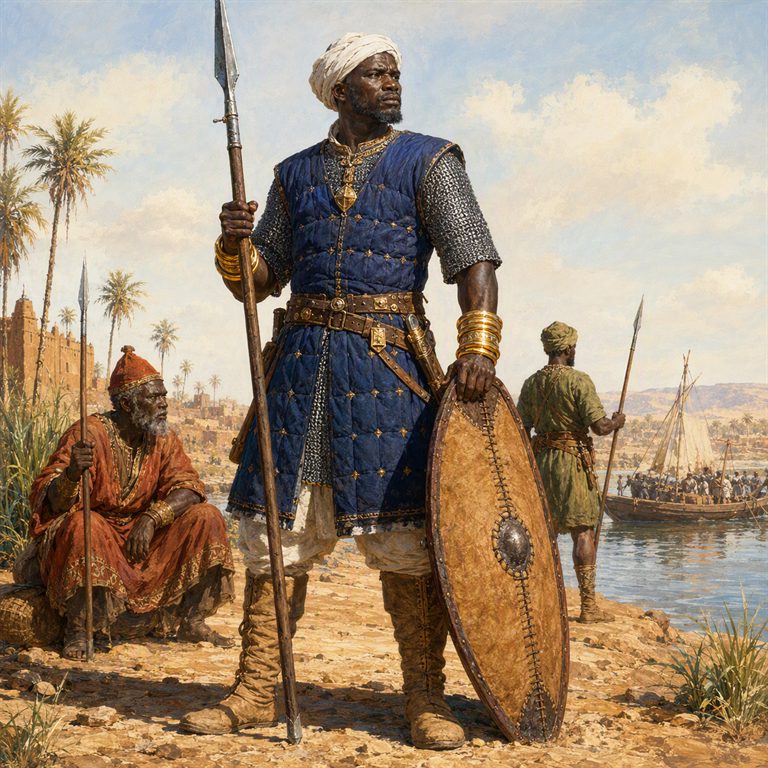 A man in a blue quilted vest holds a spear and shield at a riverbank, with companions and boats below the town.