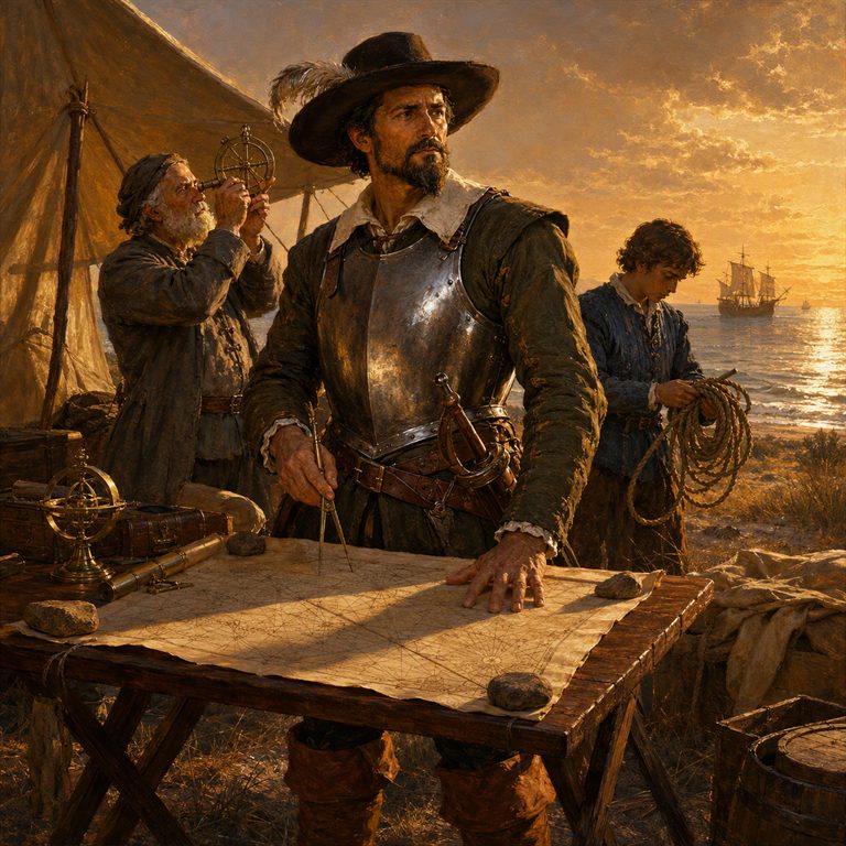 An armored man studies a chart on a table by the shore while companions handle a sextant and rope beside a tent.