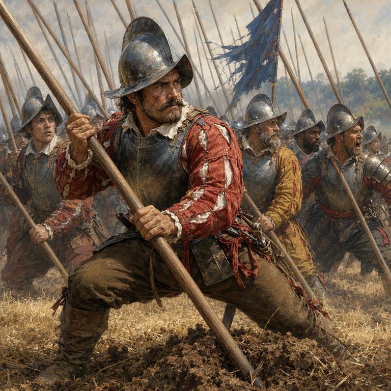 Armored pikemen in broad metal helmets crouch in a tight formation, their long spears surrounding a tattered blue standard.