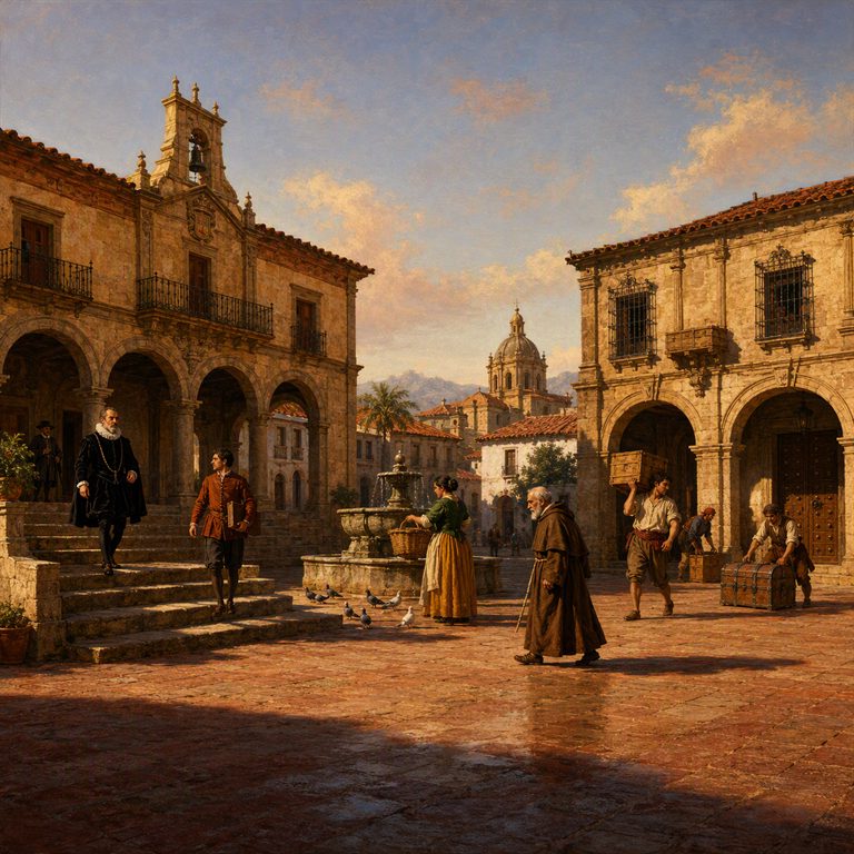 People carry crates and walk through a sunlit stone plaza between arcaded buildings, a fountain, and church towers.