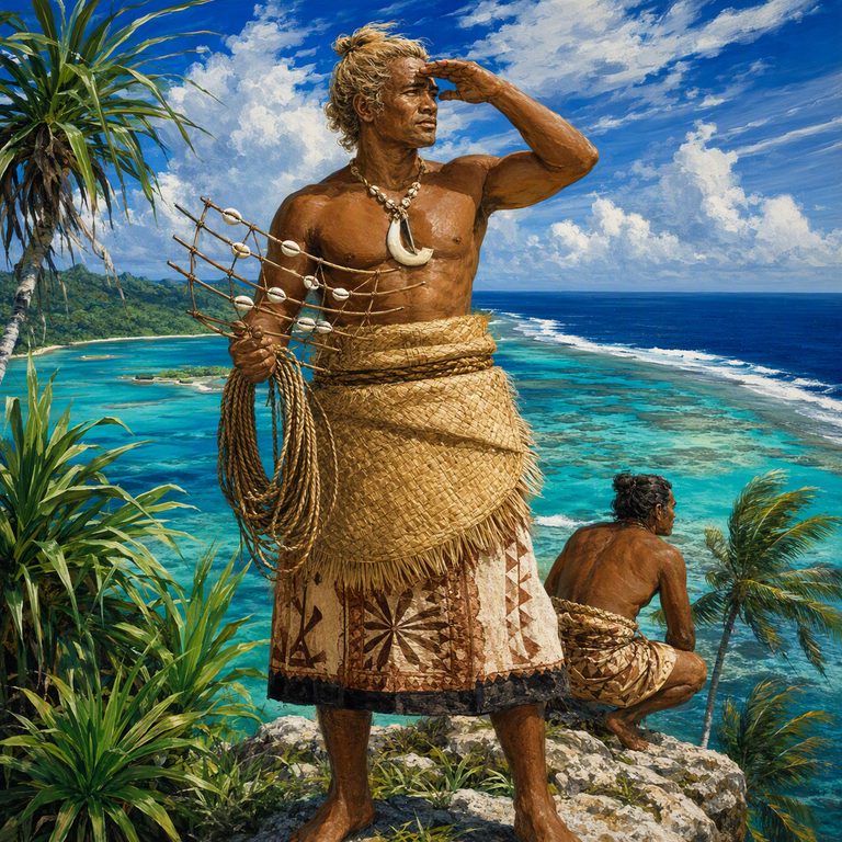 A Tehina navigator scans the reef from a palm-fringed shore, holding a coil of cord while a companion watches the water below.