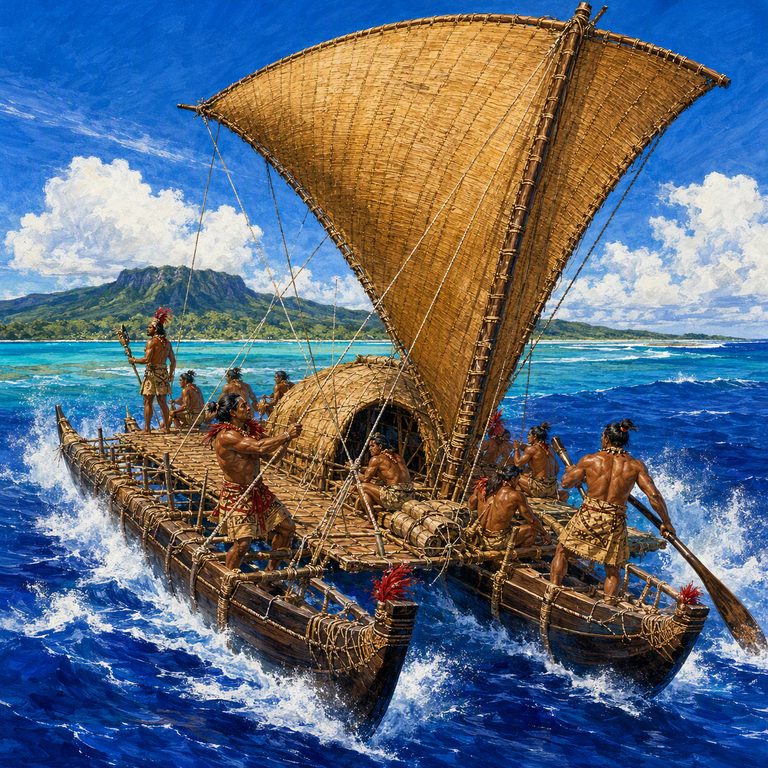 A Kalia canoe surges through blue water with warriors at the rail, coral shore and village roofs distant behind.