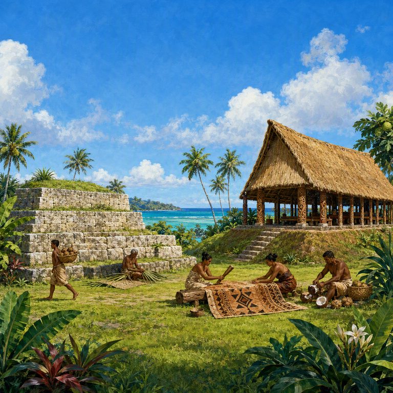 Islanders work tapa cloth beside the terraced royal tomb platform of a chiefly estate, with the open sea beyond.