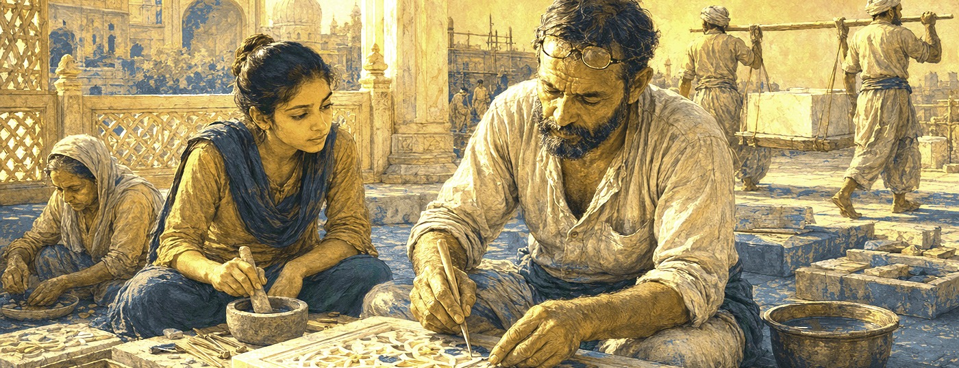 The Wonder Builder – artisans setting a mosaic at a monumental building site